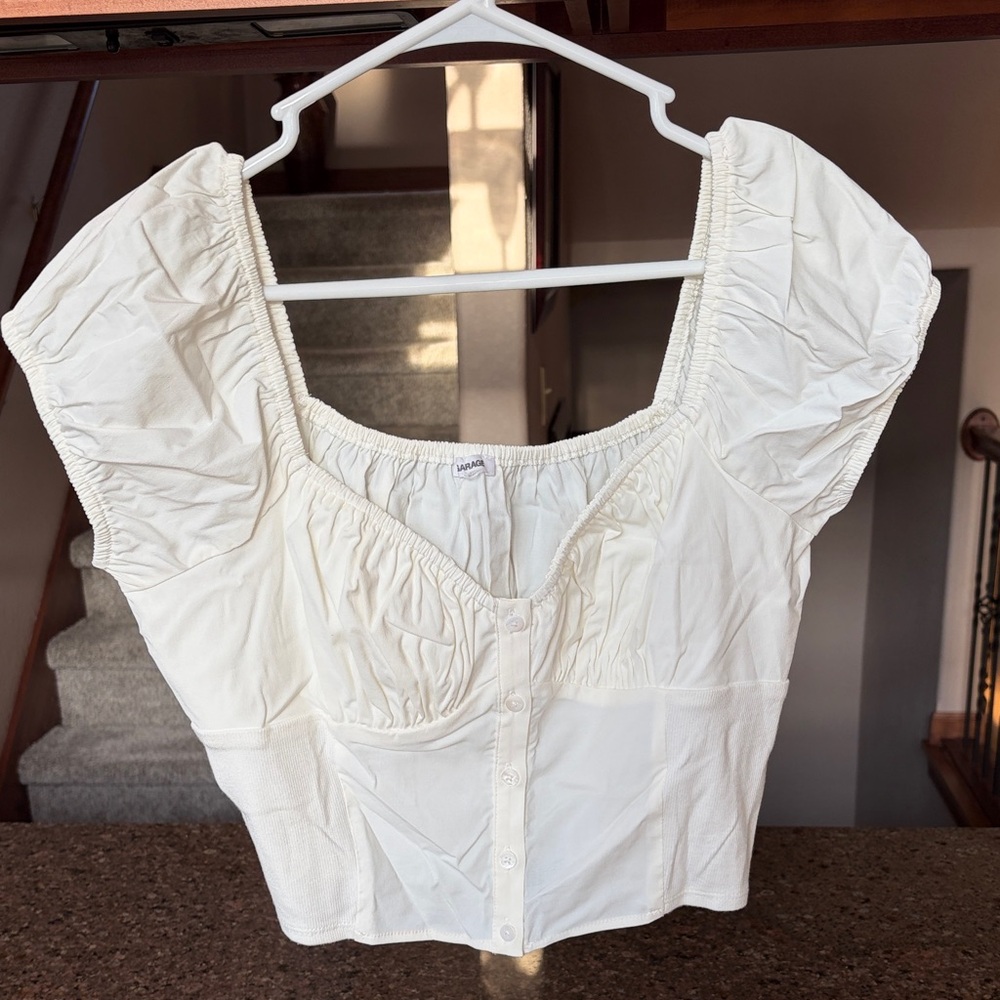 Garage Cream Puff Sleeve Button-Up Crop Blouse